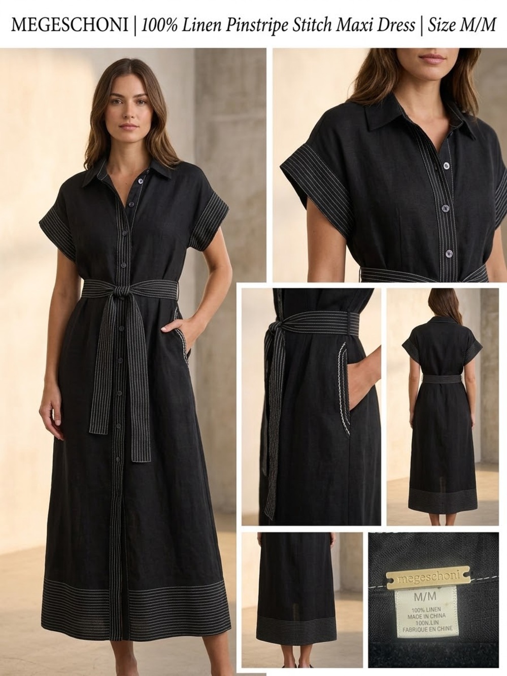 Megeschoni Black Linen Pinstripe Stitch Maxi Dress